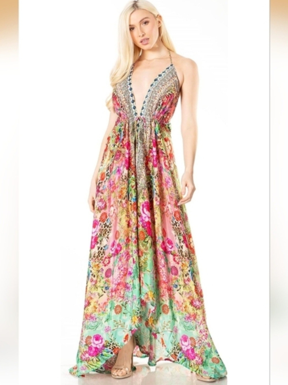 Sakkas Multicolor Floral Halter Maxi Dress with Mint Accents